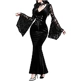 WDIRARA Women's Gothic Floral Lace Bell Long Sleeve Dress Lace Up V Neck Fishtail Maxi Dresses