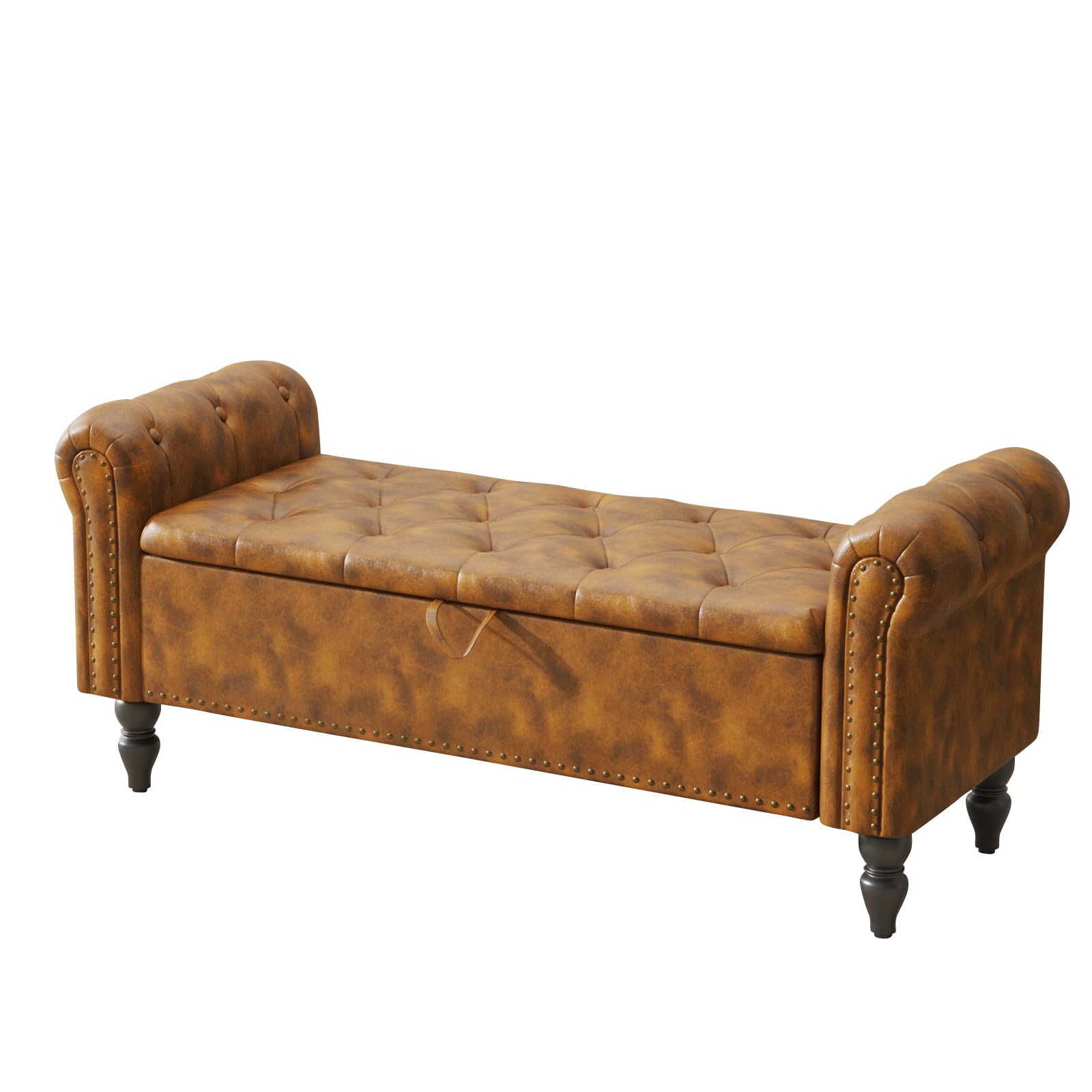 Ckaff Sitzbank mit Stauraum 132cm, Aufbewahrungsbox, Fußbank, Bettbank, Sitztruhe mit Armlehnen aus PU-Kunstleder für Wohnzimmer Schlafzimmer Flur, GelbBraun 7
