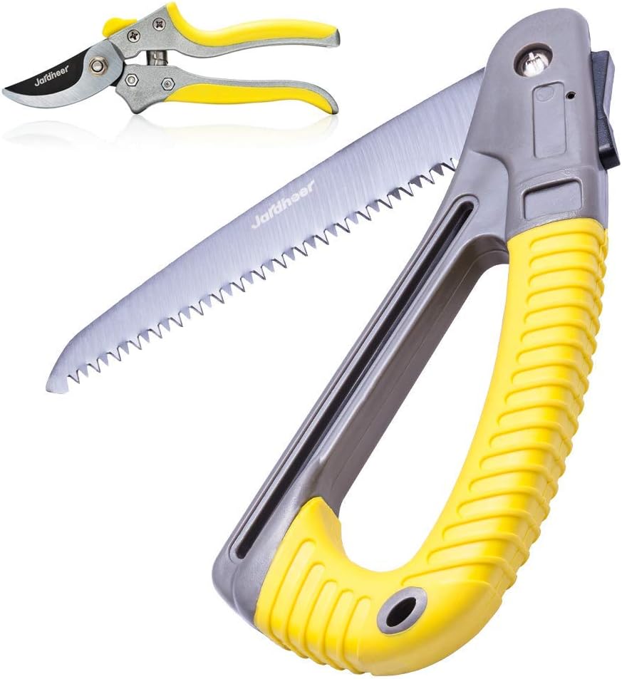 Jardineer 2 PCS Gardening Tools Set - Portable Bypass Pruning Secateurs and D-Shaped Handle Folding Hand Saw, Great for Gardening, Camping