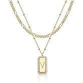 TONTMY STUDIOS Gold Initial Necklace for Women 14K Gold Plated Figaro Chain Choker Layered Necklaces Set Bar Rectangle Pendant Necklaces Simple Dainty Letter Necklace Everyday Gold Jewelry