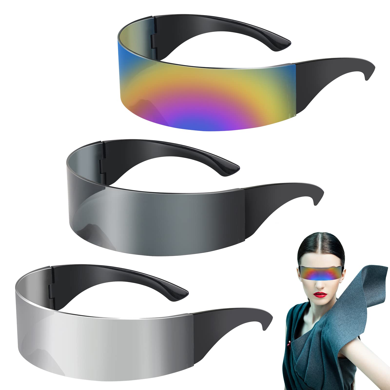 SelfTek 3 Pack Futuristic Glasses Narrow Cyclops Silver Black Colorful Sunglasses Mirrored Lens Cool Fancy Dress Costume Funky Eyewear for Men Women