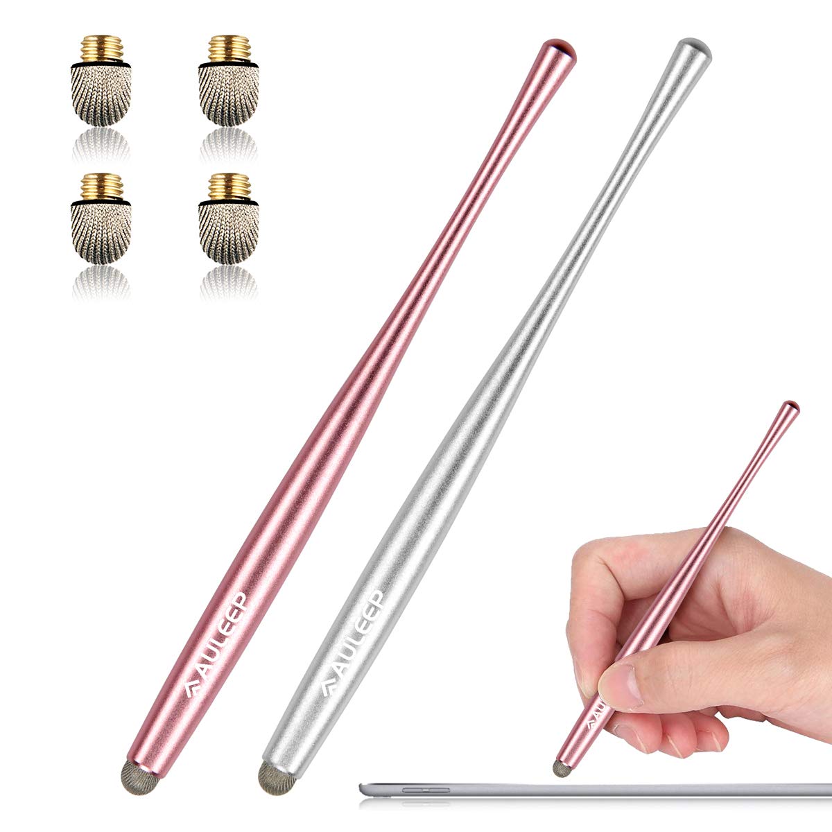 Stylus Pen, AULEEP Tablet Touch Screen Styluses Pens, 2 Pack with 4 Nanofiber tips Stylus Pen for Mobile Phones, iPads, Kindles, Microsoft Surface (silver and rose gold)
