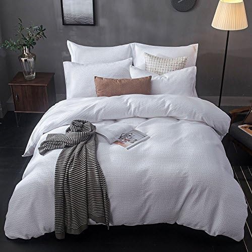 Lausonhouse Cotton Waffle Duvet Cover Set,100% Cotton Yarn Dyed Waffle Woven Stripe Beding Set - King- White