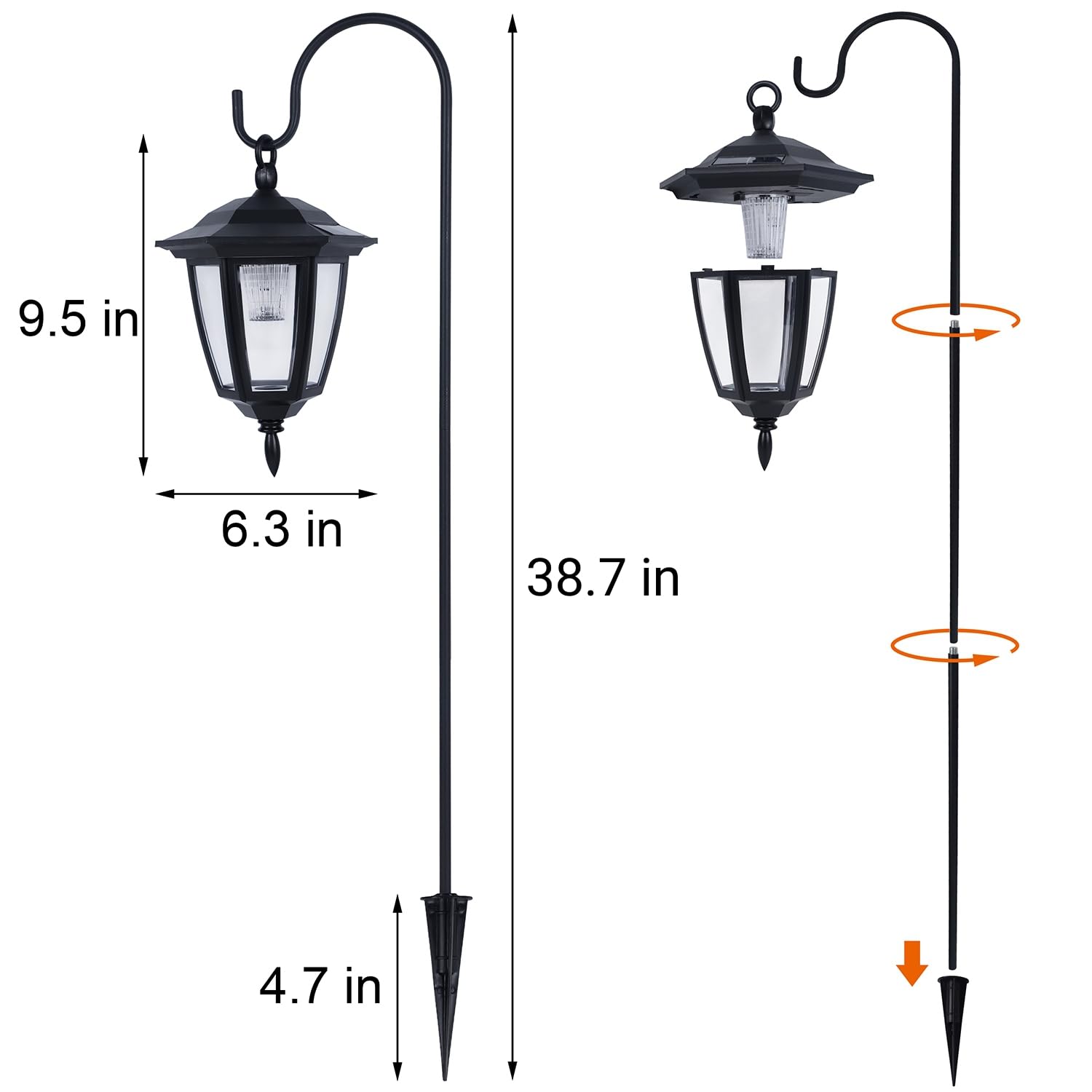 Dynaming 2 Pack Solar Hanging Lights Outdoor, Solar Powered Garden Decorative Lanterns with 2 x 38 Inch Shepherd Hooks, Waterproof Landscape Lighting for Lawn Patio Yard Pathway Driveway, Warm White