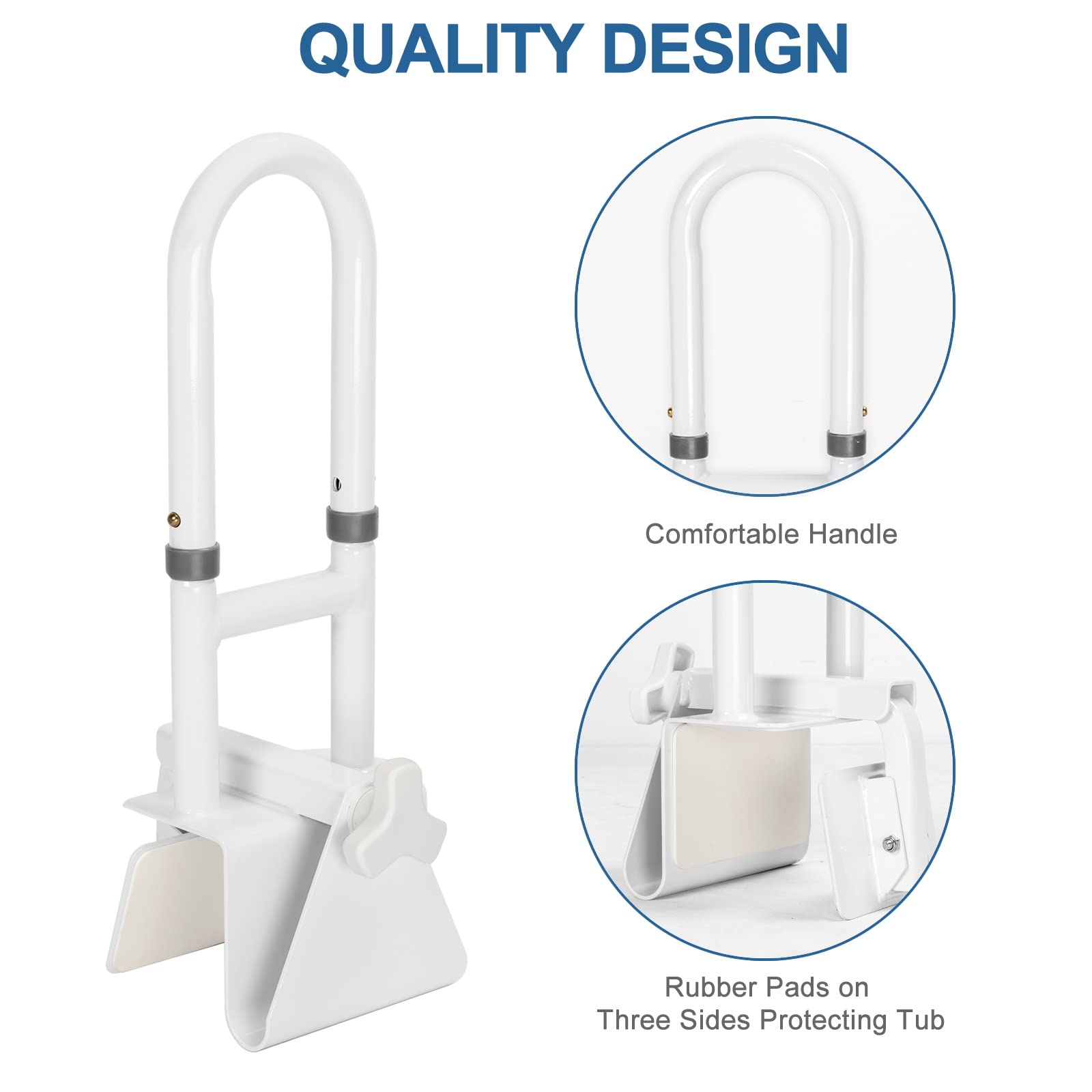 HEPO Grab Bars for Bathtubs and Showers, Adjustable Bathtub Safety Rail for Seniors, Tub Grab Bar for Bathroom, Assistance Bathtub Handle Clamp for Elderly Bath Support, White