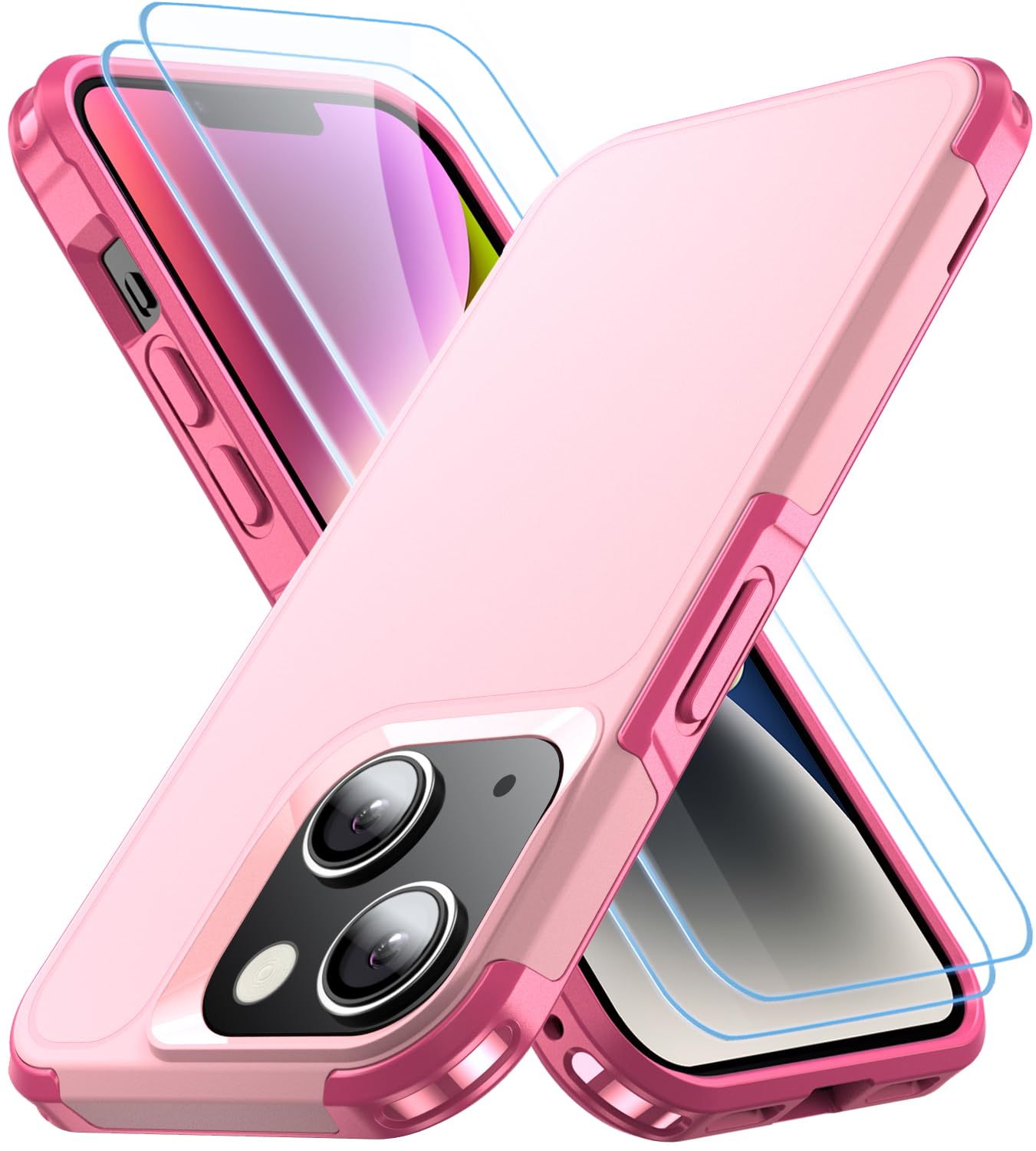AEDILYS Shockproof for iPhone 14 Case/iPhone 13 Case,[15 FT Military Grade Drop Protection],with 2X [Tempered Glass Screen Protector ] Slim & Tough Full-Body Protective Phone Case,Pink