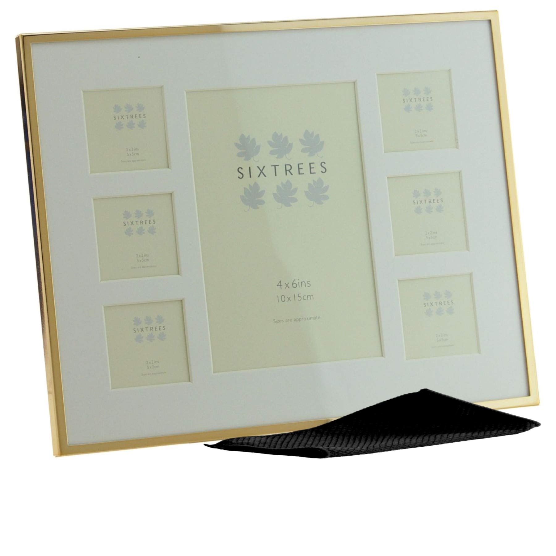 Sixtrees Park Lane 27537C(MIF) Gold Metal Seven Aperture Photo Frame with Mount. Six 2 x 2 inch and one 4 x 6 inch pictures. Complete with microfibre polishing cloth.