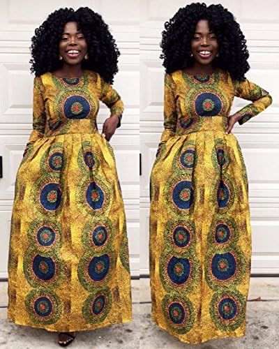 Veroex Women Dress African Full Length Long Sleeve Maxi Dress with Side Pocket