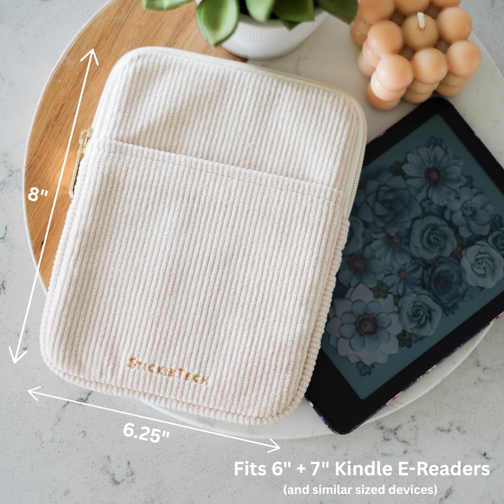 StickieTech Kindle Sleeve - Cute Corduroy 8x6.25 inch Case, Cream Kindle Pouch, 2 Pockets - Compatible with 6-7 inch E-Readers, Ideal Travel Sleeve