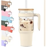 Tronco 40 oz Glass Tumbler with Straw and Lid, Reusable Iced Coffee Cup with Handle, Glass Water Bottles for Smoothie, Fits Cup Holders, Lead-Free, BPA-Free
