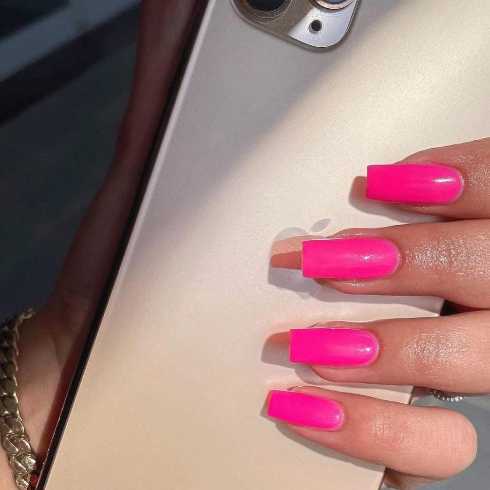 Hot Pink Press On Nails Medium Long Square, Xcreando Medium Coffin Nails Acrylic Press ons Glue on Nails Long Length, Solid Color Fake Nail for Women, Natural Thick Artificial Nail Stick on, Neon Pink - Image 2