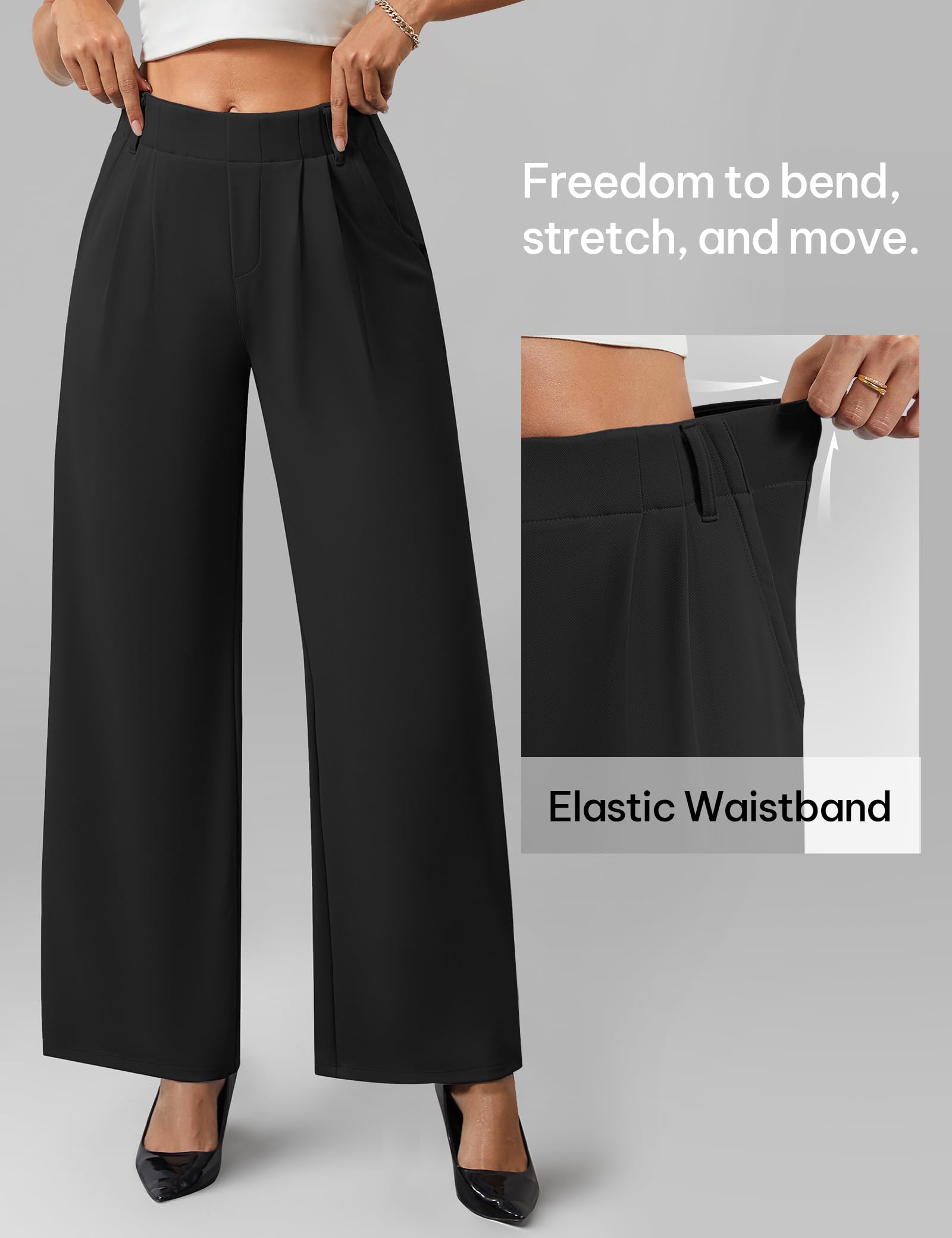 AVAMO Womens Dress Pants Wide Leg Pull On Stretchy Work Pants for Women with Pockets High Elastic Waist Office Business Black