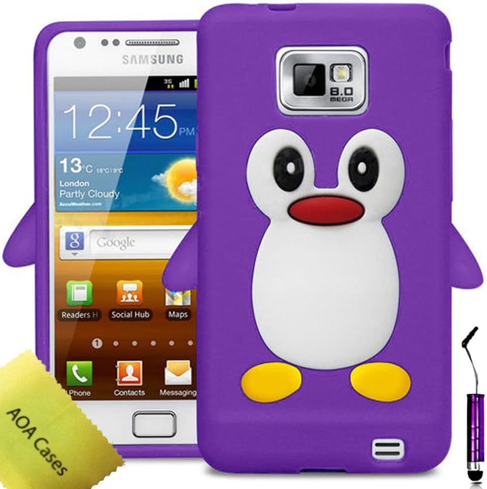 Penguin Case For Samsung Galaxy S2 I9100 + Screen Protector + Stylus AOA Cases® (Purple)