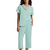 SIORO Capri Pajamas Set for Women, Button Down Sleepwear Short Sleeve Loungewear, Waffle Knit Top with Capri Pants Pjs
