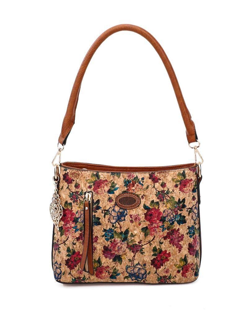 Fontanella Fashion Small Women Stylish Shoulder Handbag With Bark Tree Effect and Gold Decorative Leaf Charm (Flower)