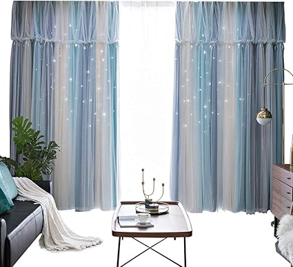 Double Couche Rideau Occultant Rideaux Avec Etoile Creuse Dentelle Demi Rideau Superposition De Tulle Rideau A Oeillets Rideaux De Chambre A Coucher Fille Rideau Isolant Thermique 1pcs Amazon Fr Cuisine Maison
