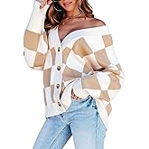 Dokotoo Womens Plaid V Neck Button Down Long Sleeve Cable Knit Oversized Cardigan Sweaters Tops