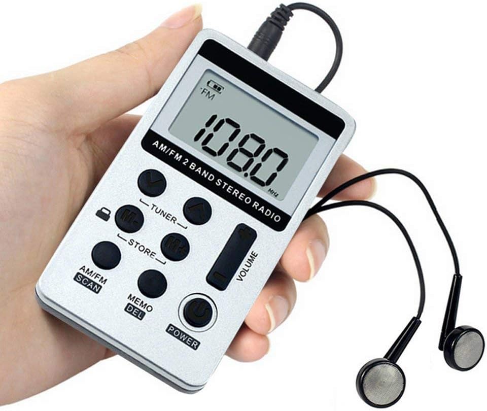 Personal AM/FM Pocket Radio Portable Mini Stereo Digital Tuning Transistor Radio with Earphone and Rechargeable Battery for Walk (Silver)