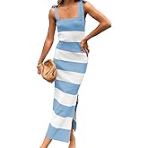 Saodimallsu Womens Summer Sleeveless Bodycon Sweater Dress Striped Knit Tie Square Neck Side Slit Midi Tank Dresses