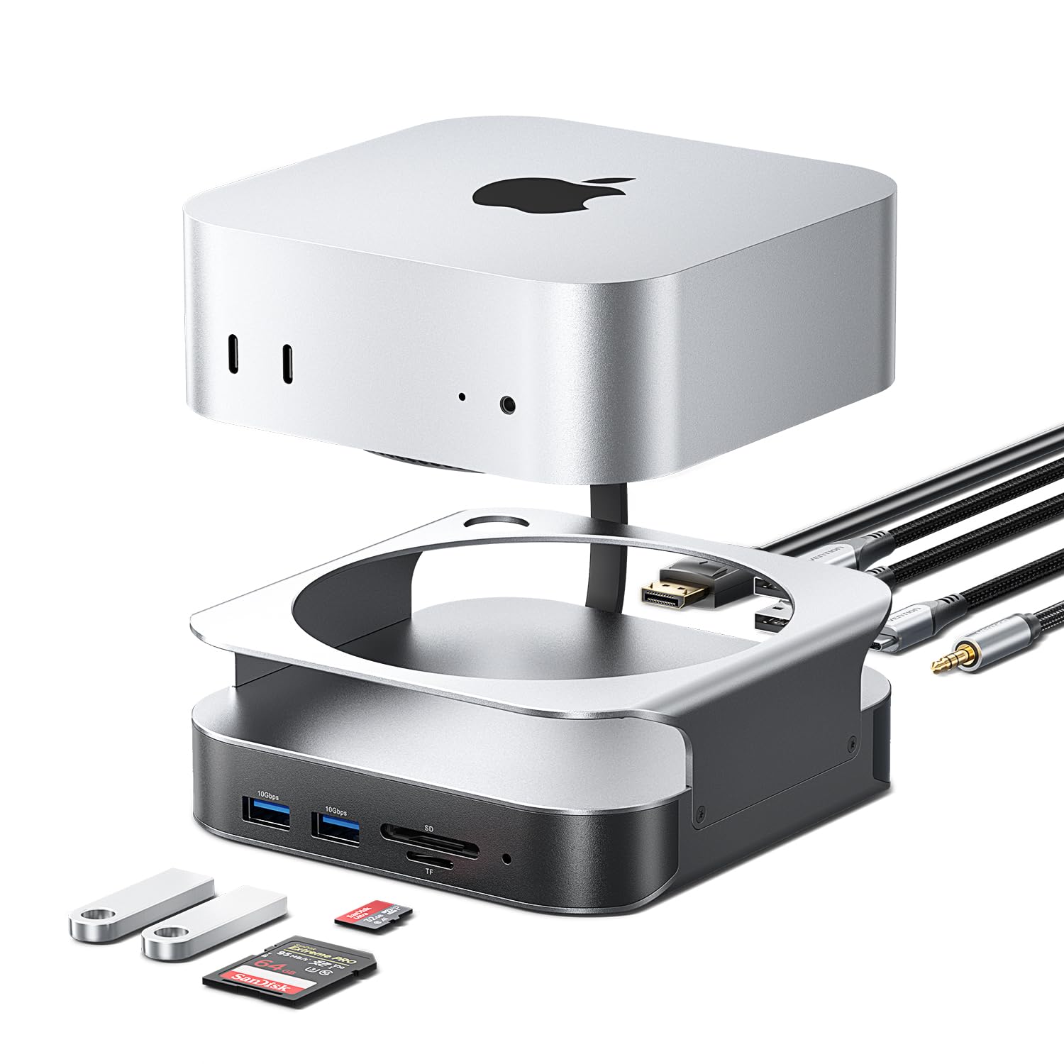 VENTION Mac mini M4 Dock 10-in-1, Aluminium-Stand für M4/M4 Pro mit NVMe SSD-Enclosure, 4K@240Hz/144Hz HDMI, 10 Gbps USB-A & USB-C Dockingstation, SD/TF-Kartenleser, Dual Audio Ports, Silber