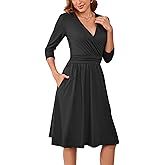 Women's Casual Dresses Vintage Wrap V-Neck 3/4 Sleeve Fit and Flare Midi Dress