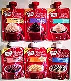 Duncan Hines NEW for 2018, Individual Size Packets of Frosting and Drizzle, VARIETY 6 PACK + BONUS Silver Plastic Utensils. 1 Packet each of CHOCOLATE, CREAM CHEESE, VANILLA, STRAWBERRY, CARAMEL.