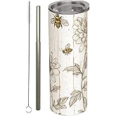 amepay Bee and Floral Stainless Steel Insulated Tumbler with Lid - 20oz Rustic Wildflower Travel Mug, Reusable Metal Straw & Brush, Double-Wall Vacuum Bottle Cup for Hot and Cold Drinks,Gifts