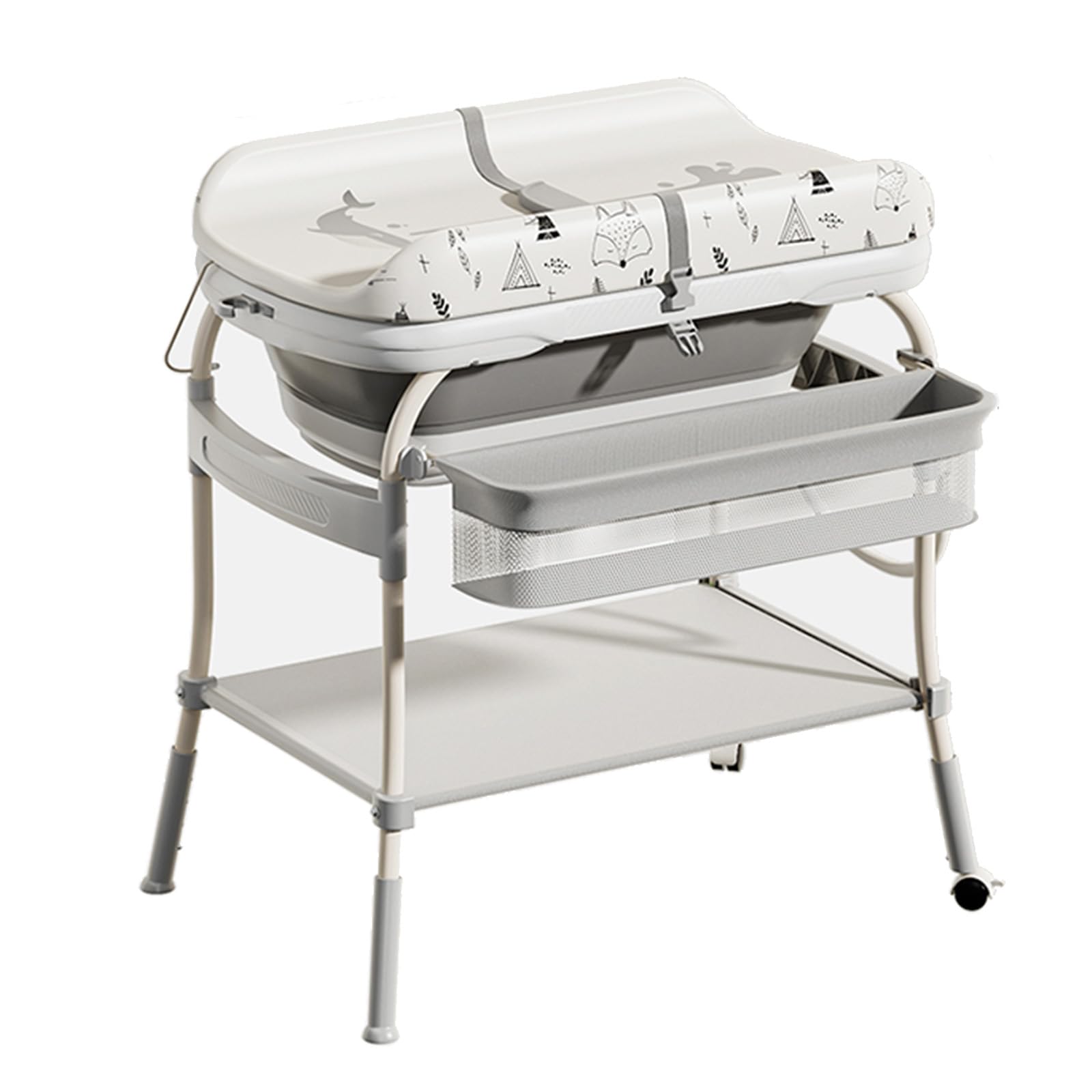 Photo 1 of PandaEar 2-in-1 Baby Bathtub & Changing Table, Adjustable Height Folding Diaper Station Waterproof Pad with Storage Rack & Wheels, Baby Bath Tub with Thermometer