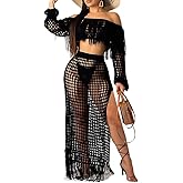 ECHOINE Women Sexy Two Piece Skirt Set - Tassel Hollow Out Off Shoulder High Split Cover Up Bikini Beach Dresses