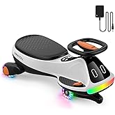 Umatoll 12V Electric Wiggle Car for Kids, Birthday Gifts Toy for Age 3+ | LED Expression Display, 2 in 1 Electric &amp; Manual Riding Modes, RGB Lights, Bluetooth, 2 Speeds, Rechargeable Battery