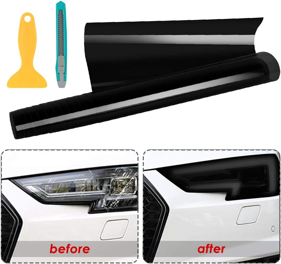 Wilktop Car Light Tint, Tinting Film Taillights Sticker Car Film for Car Headlight, Fog Light, Taillight (200 × 40cm) Black