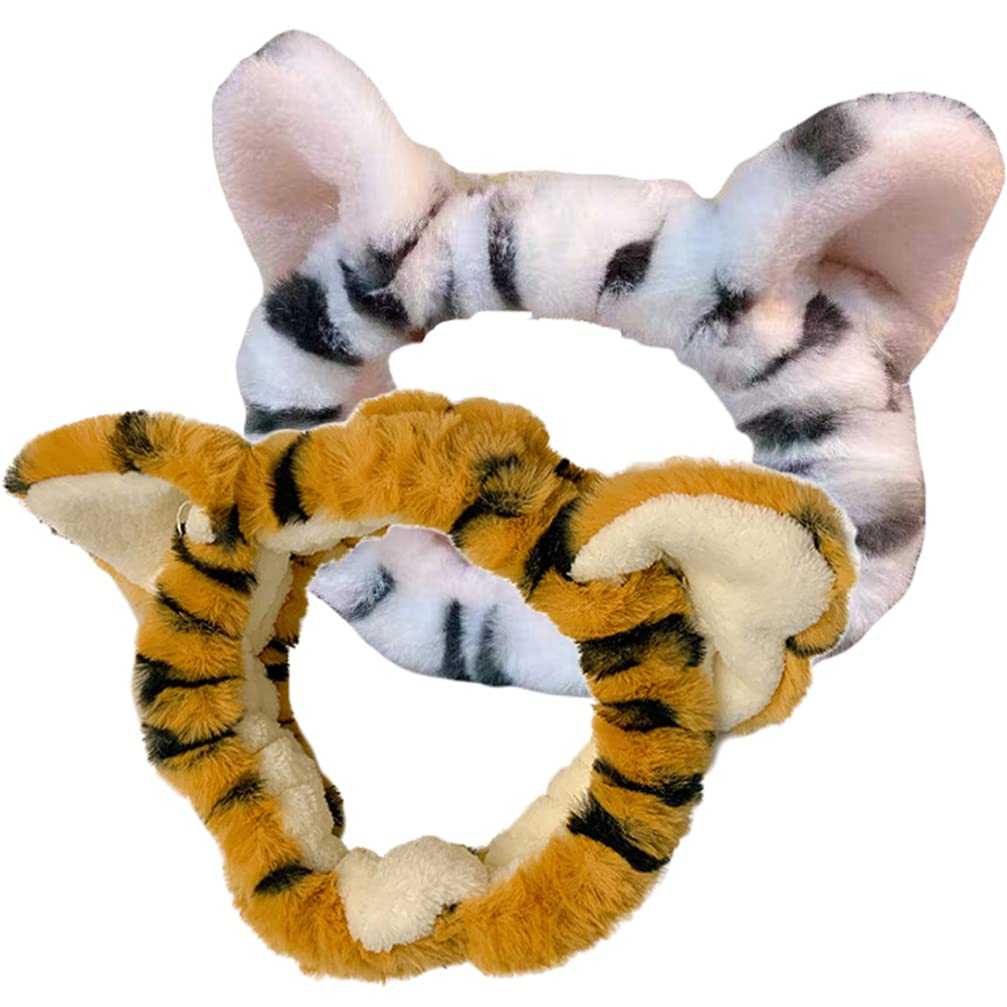 FRCOLOR Wide-Edge Plush Hairband 2Pcs with Tiger Ears Soft Stretch Headbands for Makeup Face Washing Skincare Spa for Women Girls