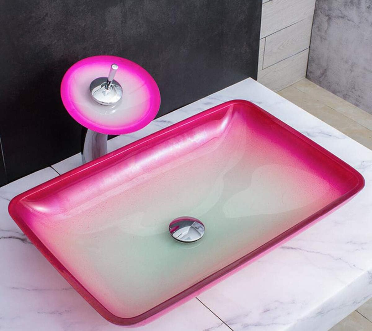 Nanxcyr Bathroom Artistic Glass Vessel Sink Above Counter Modern Glass Bathroom Vanity Basin Bowl Spa With Pop Up Drain And Waterfall Faucet Pink And White