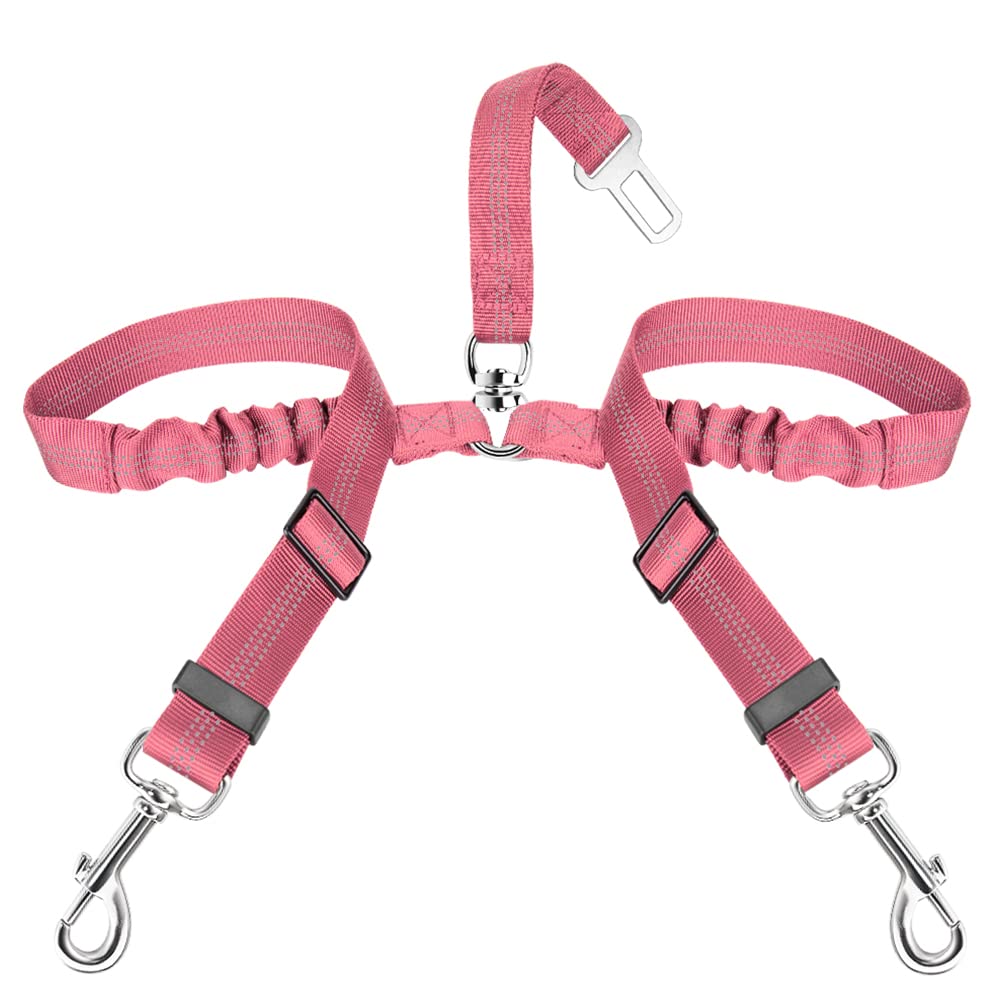 SlowTon Double Dog Seat Belt, Adjustable Elastic Dog Car Harness Seatbelt with Anti-Shock Bungee Buffer, Heavy Duty Reflective Puppy Cars Restraint Pet Safety Belts Clip