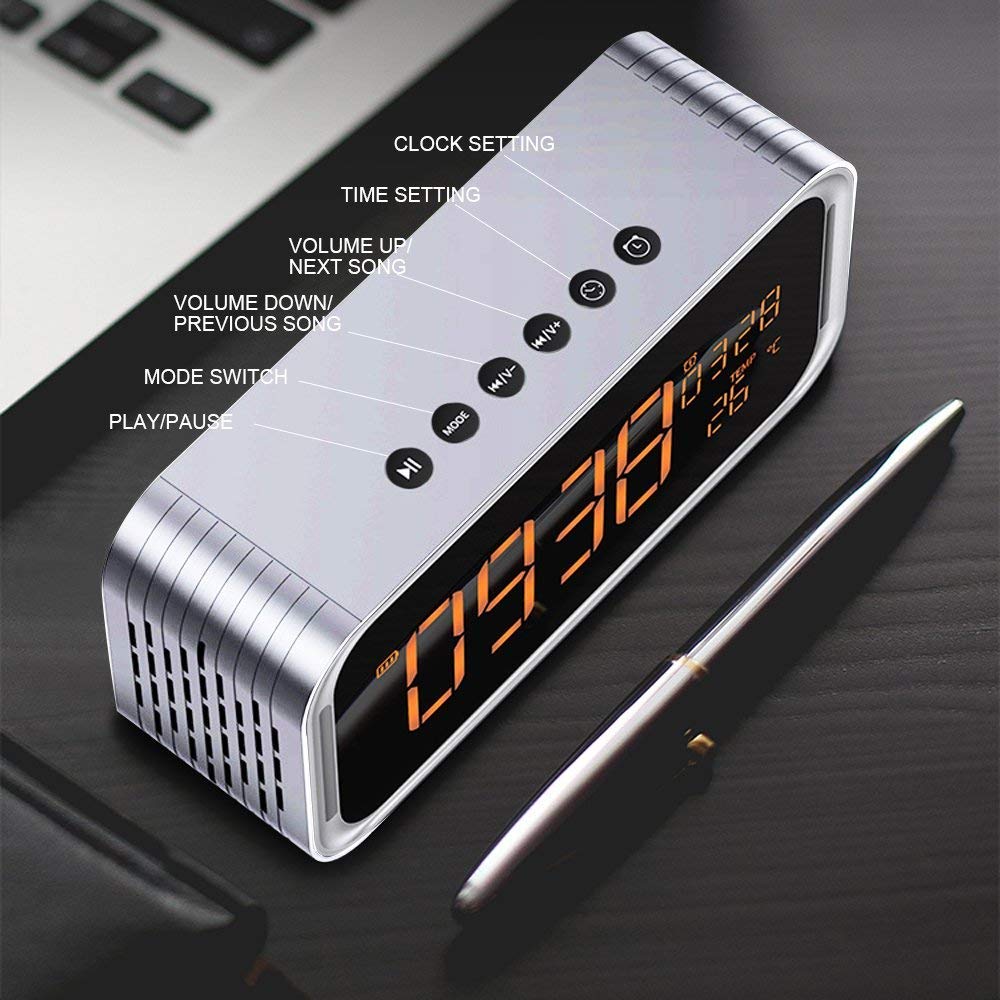 Portable Bluetooth Speaker, XPLUS 4.2 Wireless Bluetooth Speakers with LED Display, Hands-Free Phone Calling, FM Radio,Time,Date,Temperature,Snooze Function Double Alarm Clock (Grey)