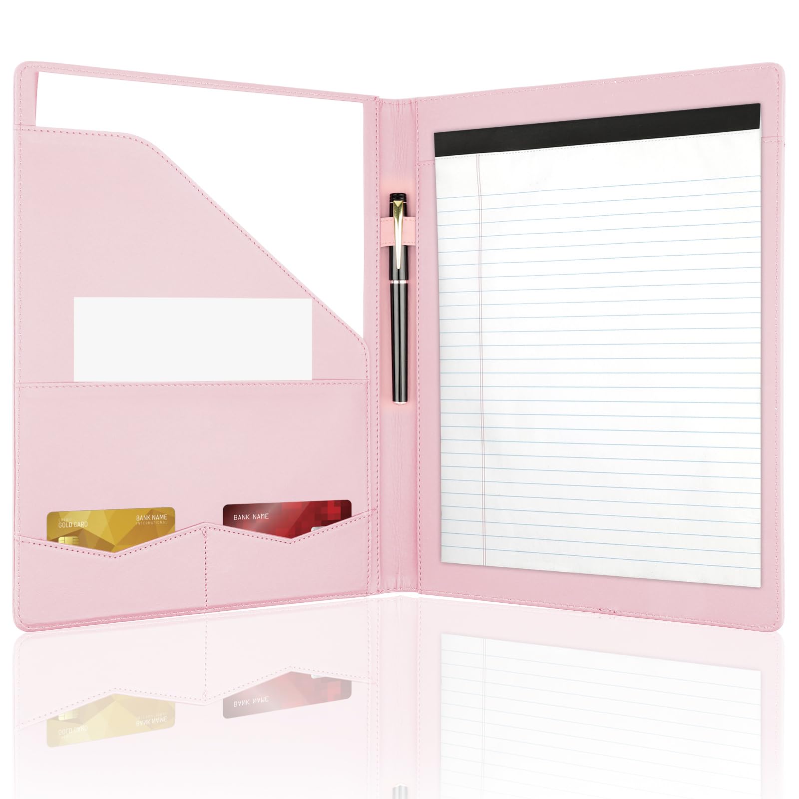 Photo 1 of MOWPOG Professional Padfolio Portfolio Binder, Faux Leather Interview Resume Folder, Letter Size A4 Legal Writing Pad Holder, Document Organizer for Business School Office Conference (Pink)