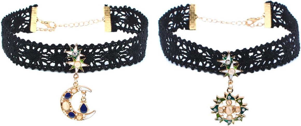 Hanie Choker Set with Pendant Sun & Moon 2 Pieces Black Lace Stretch Adjustable Necklace Chain White Green and Blue Cat's Eye Stone Opal