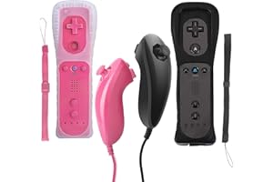 JTao-tec Wii Controller, 2 Packs Wii Controller and Wii Nunchuck for Wii and Wii U Console, with Silicone Case and Wrist Strap (Black + pink)