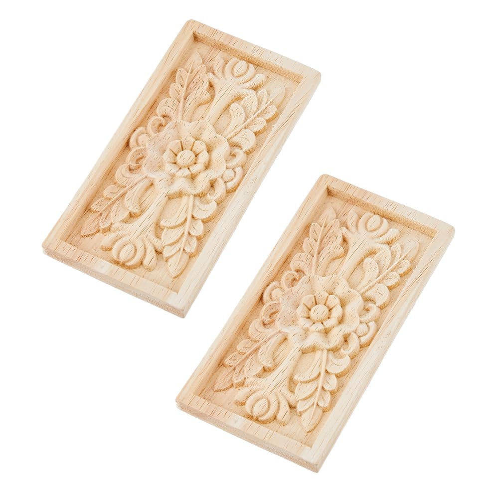 SUPERFINDINGS 2PCS Rubber Wood Carved Onlay Applique Rectangle with Flower Wood Carving Decal 120x60x7.5mm Unpainted Home Furniture Decor Natural for Furniture Doors Walls Ornamental Decor