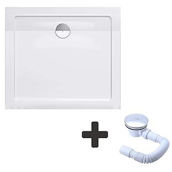 Sogood Duschtasse Duschwanne Faro2W 80x90x4 flach inkl. Ablaufgarnitur aus Acryl in Weiß Rechteckig DIN-Anschlüsse für bodene