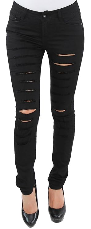 Damen Stretch RÖHREN HÜFT Jeans Hose MIT Rissen Skinny Slim FIT SCHWARZ