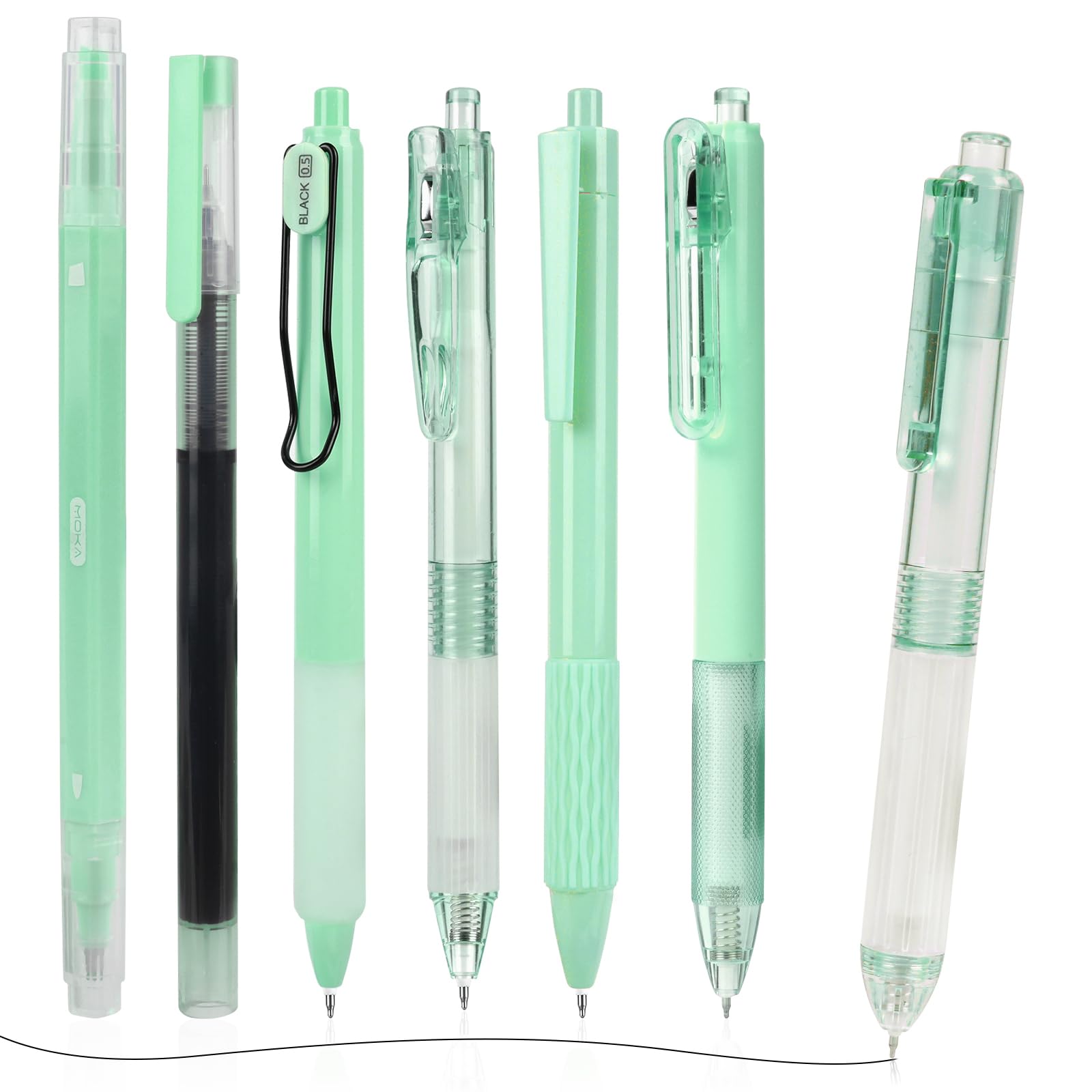 AUAUY 7PCS Gel Pens Highlighter Set, Retractable Quick Dry Gel Ink Pen, 1PCS Highlighters and 6 Pcs Black Ink Ballpoint Pens 0.5 mm, Smooth Writing Pens, Office School Supplies Gifts for Students