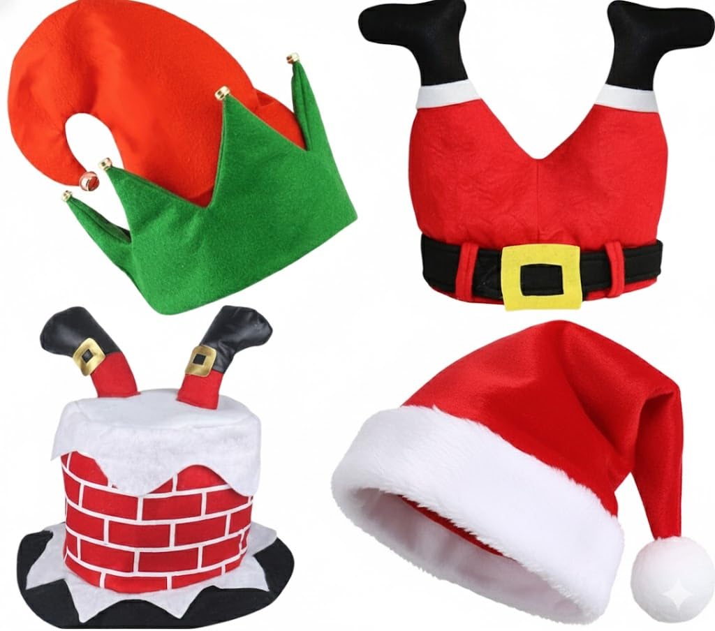Novelty Christmas Pack Exclusive 4 Pack Hats –Adult Elf Hat with Bells, Chimney with Santa Legs, Red Velvet Santa Hat | Fun Festive Hats for Adults & Kids | Holiday Party, Office Xmas Accessories