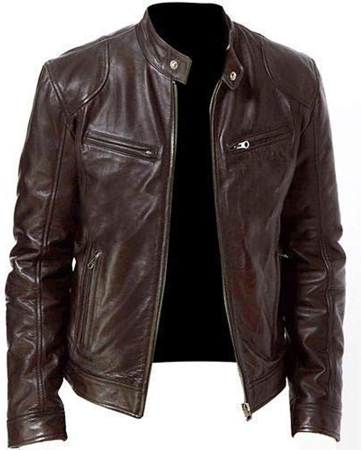 Men's Sword Classic Slim Fit Cafe Racer Biker Vintage Motorcycle Leather Jacket