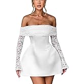 Dxizeavatt Off Shoulder Dress for Women Slim Fit Mini Going Out Sexy Zipper Lace Long Sleeve Homecoming Short Dresses