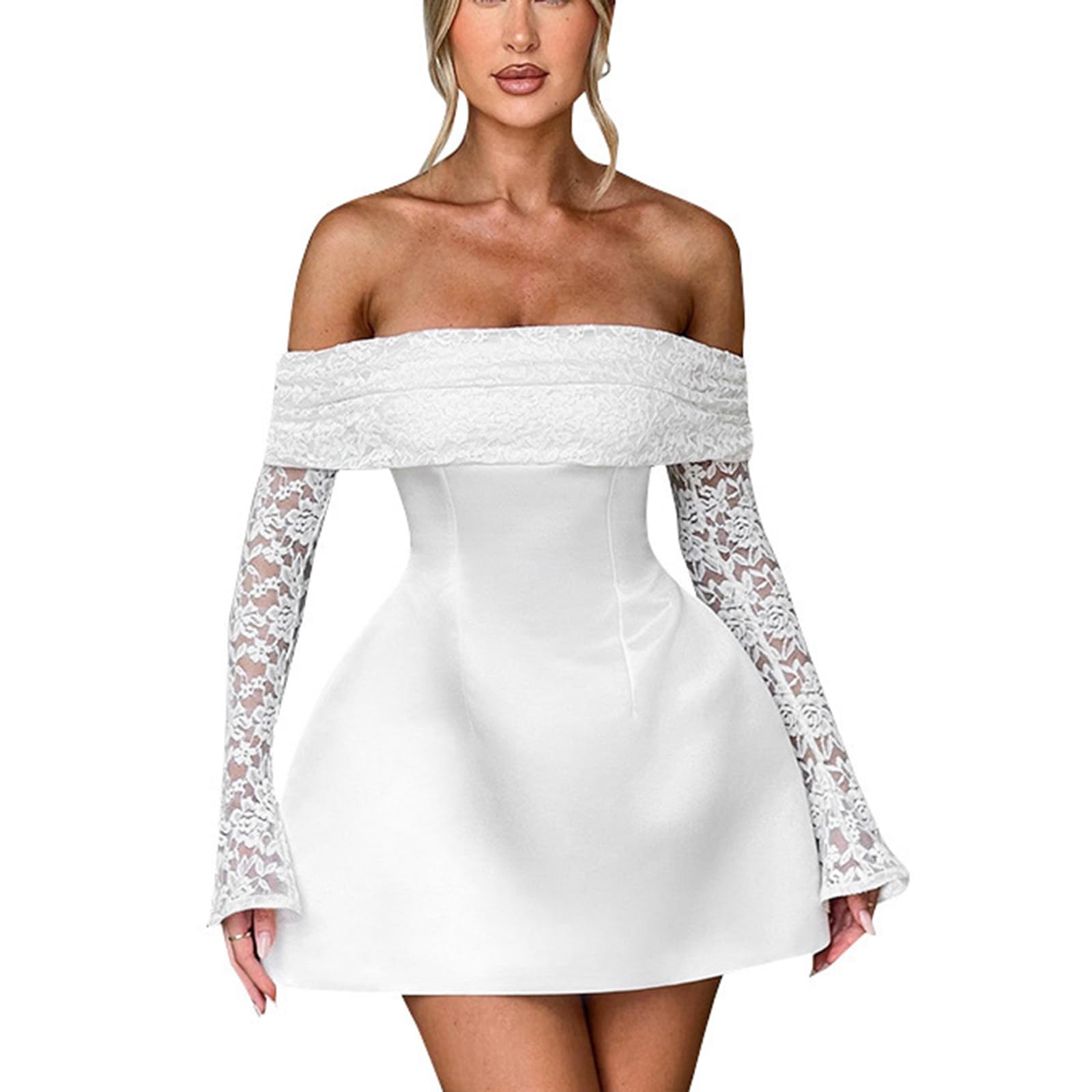 Photo 1 of (large) Dxizeavatt Off Shoulder Dress for Women Slim Fit Mini Going Out Sexy Zipper Lace Long Sleeve Homecoming Short Dresses White L