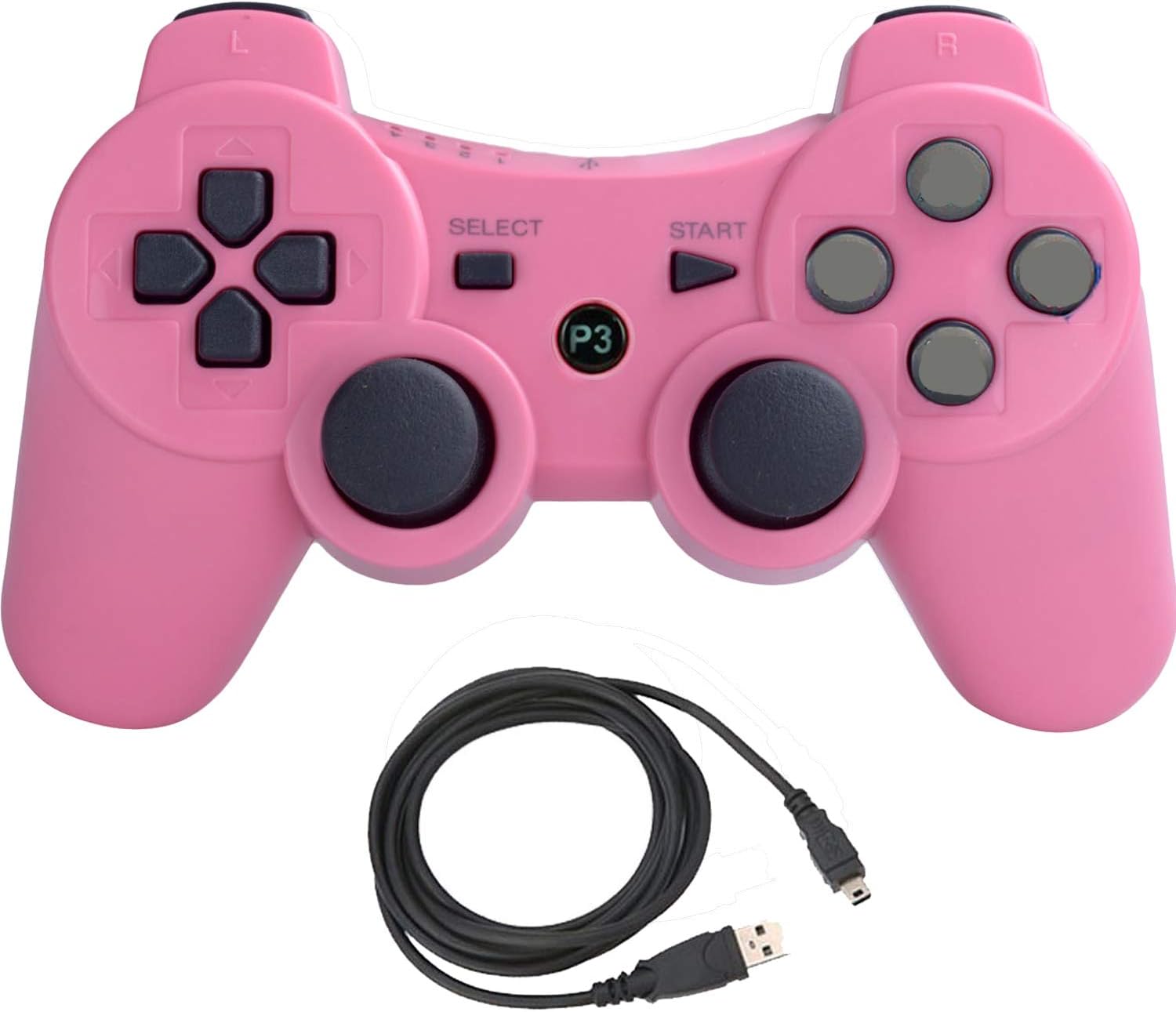 Molgegk Wireless Controllers Replacement For PS3 Controller, Compatible with Play-Station 3 Console, Upgraded Joystick Double Vibration Motion Gamepad With Charging Cable(Pink)