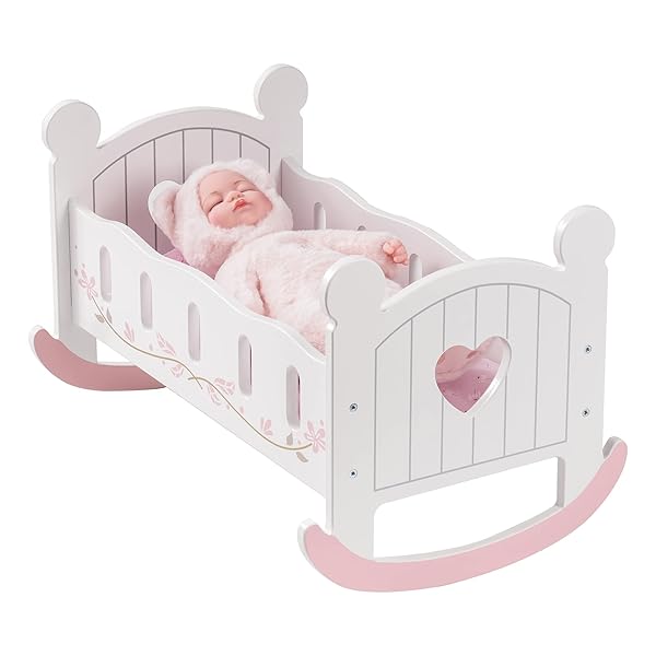 ROBOTIME WOODEN PLAY DOLL CRADLE ROCKING BABY DOLL CRIB, REVERSIBLE DOLL BEDDING FOR TODDLER GIRL,FITS DOLLS UP TO 20 INCHES (WHITE)