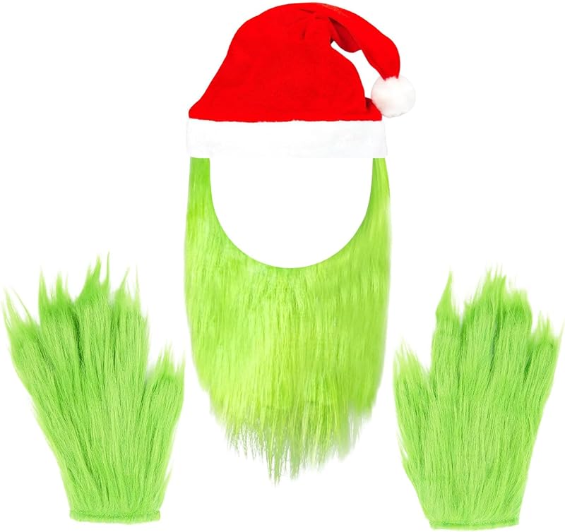 SHIFANQI Green Monster Latex Mask Gloves Santa Hat Christmas Cosplay Adult
