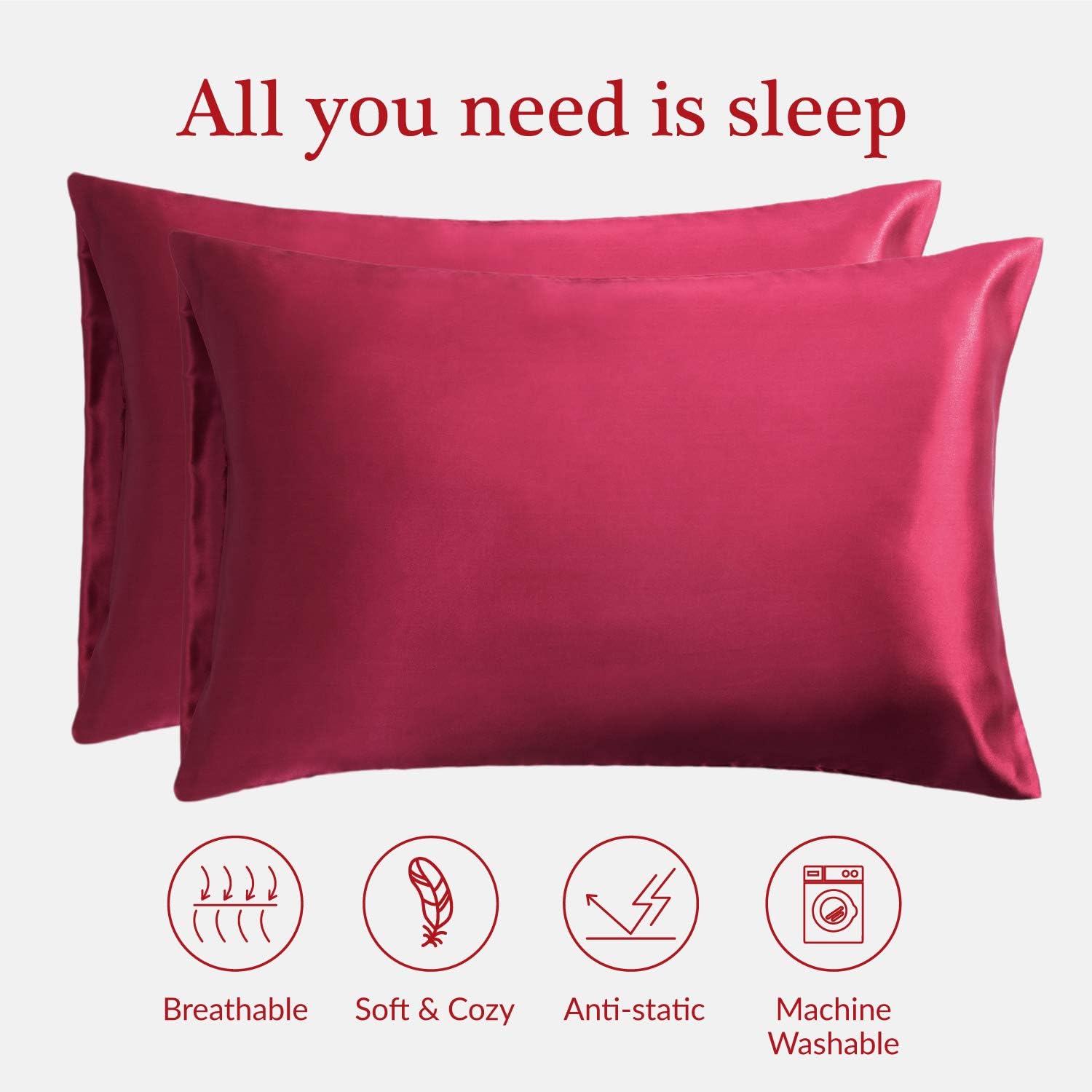 Bedsure Pillowcase Set Satin Pillowcases for Hair and Skin, Pack of 2 Pillow Cover Standard Size